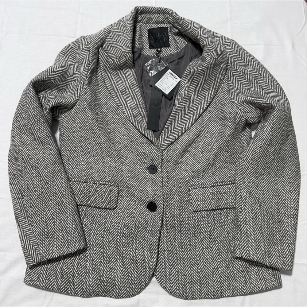 MINASELF NWT Herringbone Tweed Blazer Jacket Gray White Women's Size M